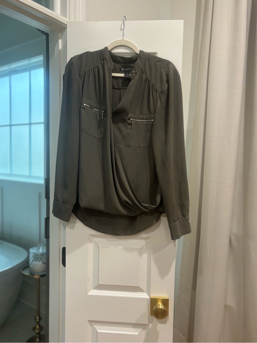 INC International Concepts Olive Green Draped Front Blouse